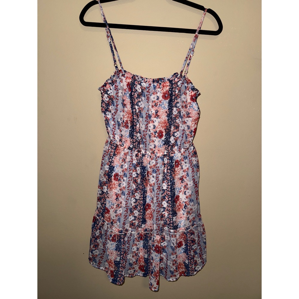 Womens Floral Tiered Mini Dress Red White Blue Size L Adjustable Strap festival